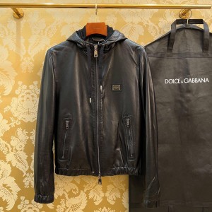dolce & gabbana leather jacket with hood and branded tag