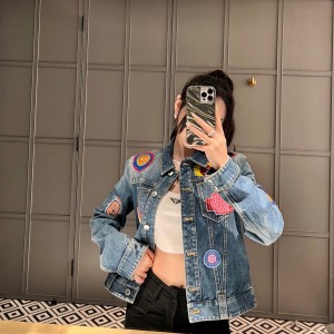 lv louis vuitton x yk faces patches fitted denim jacket