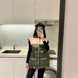 lv louis vuitton leather accent sleeveless puffer jacket