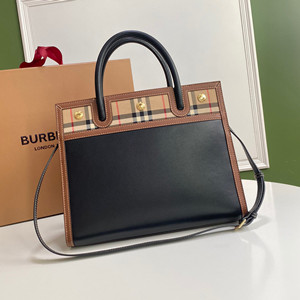 burberry small leather and vintage check two-handle title bag