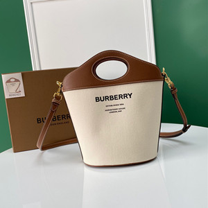 burberry small two-tone canvas and leather pocket bucket bag