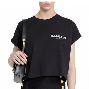 9A+ quality balmain cropped cotton t-shirt with small embroidered balmain logo