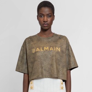 9A+ quality balmain cropped eco-responsible cotton t-shirt with textured balmain logo print