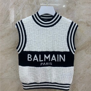 balmain monogrammed bouclette knit top