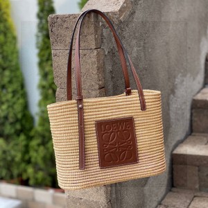 loewe small aquare basket bag in raffia and calfskin