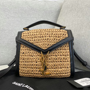 ysl yves saint laurent 20cm cassandra mini top handle bag in raffia and leather