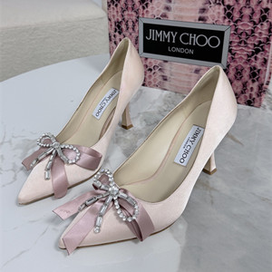 jimmy choo 8.5cm auria satin pumps with satin and crystal bow